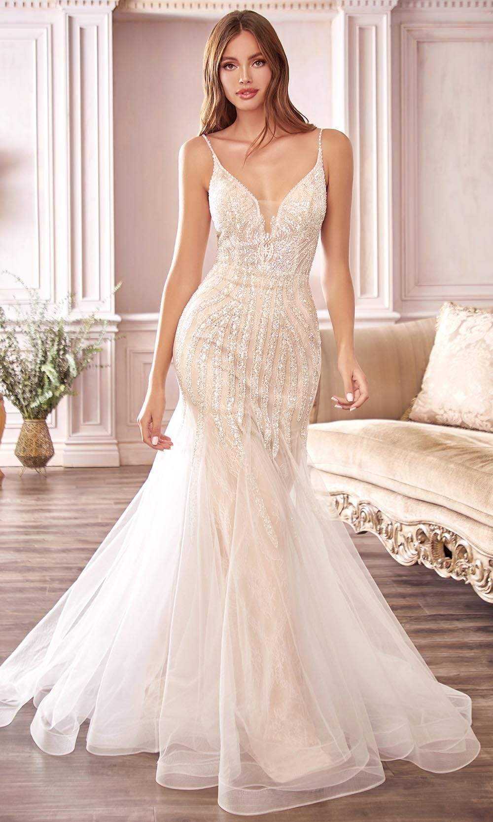 Cinderella Divine Bridal, Cinderella Divine Bridal - Plunging V-Neck Embellished Mermaid Dress CDS401