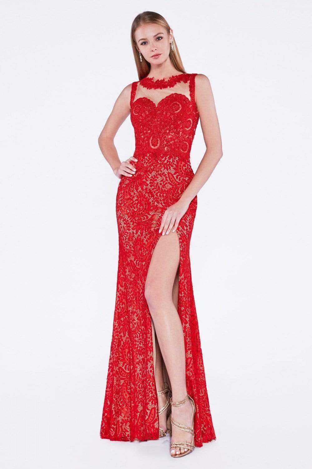Cinderella Divine, Cinderella Divine - Illusion Jewel Neck Lace Evening Gown with Slit