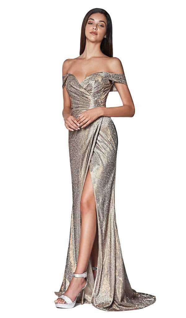 Cinderella Divine, Cinderella Divine - KC872 Off Shoulder High Slit Metallic Glitter Evening Gown - 1 pc Metallic Rose in Size 12 Available