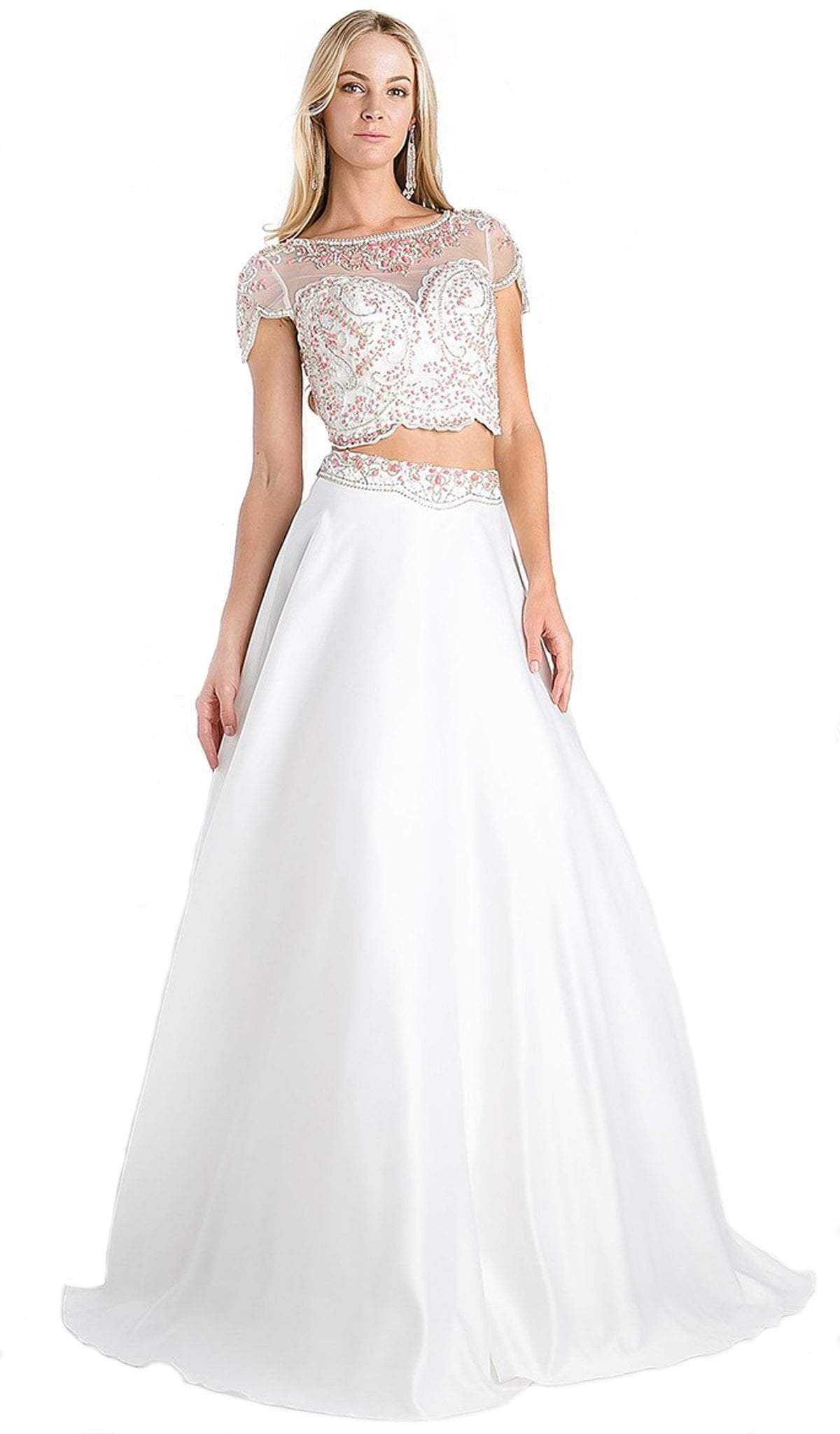 Cinderella Divine, Cinderella Divine - Lace Cap Sleeve Two-Piece Satin A-line Evening Gown