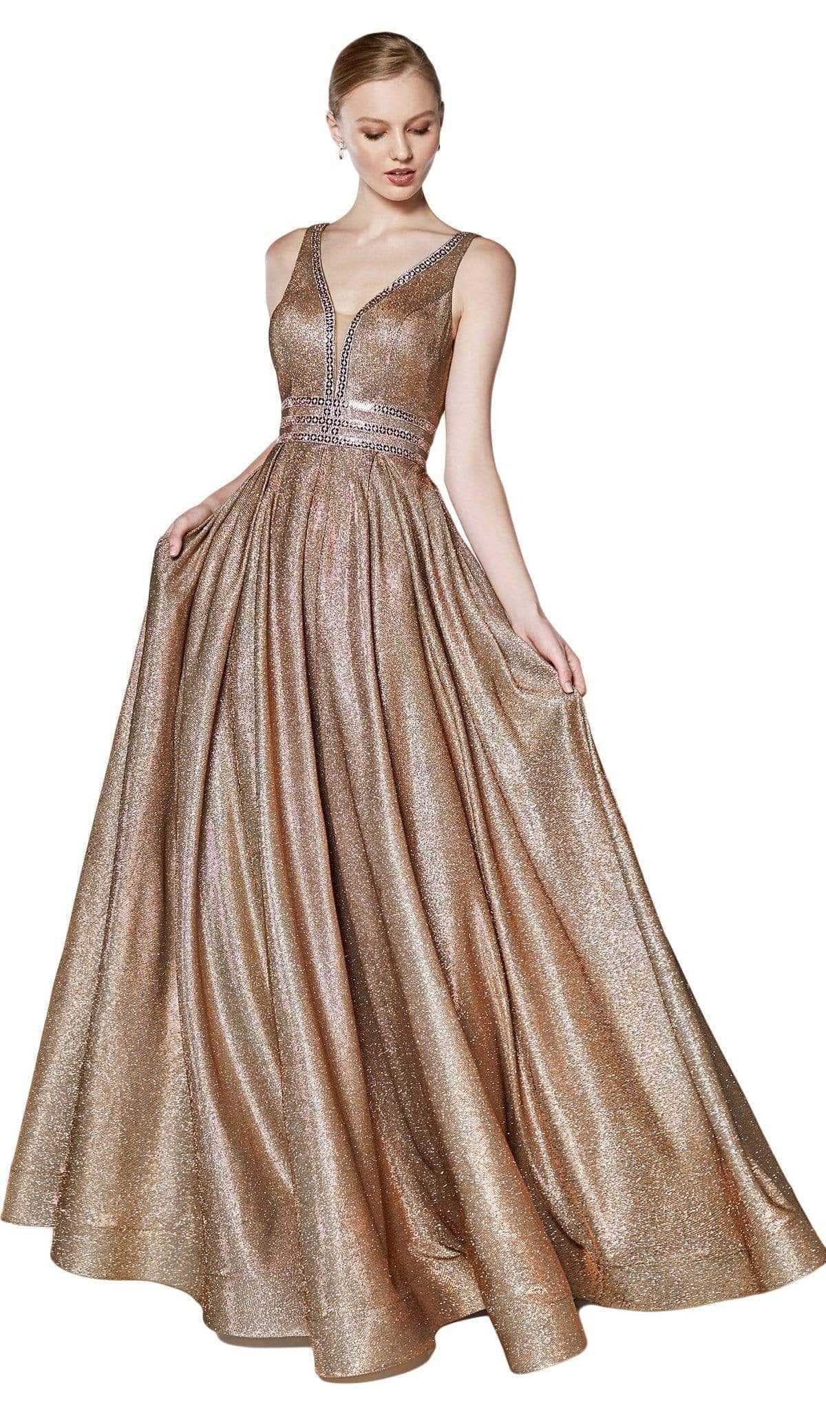 Cinderella Divine, Cinderella Divine - Metallic Plunging V-Neck Evening Gown CJ505 - 1 pc Copper In Size 10 Available