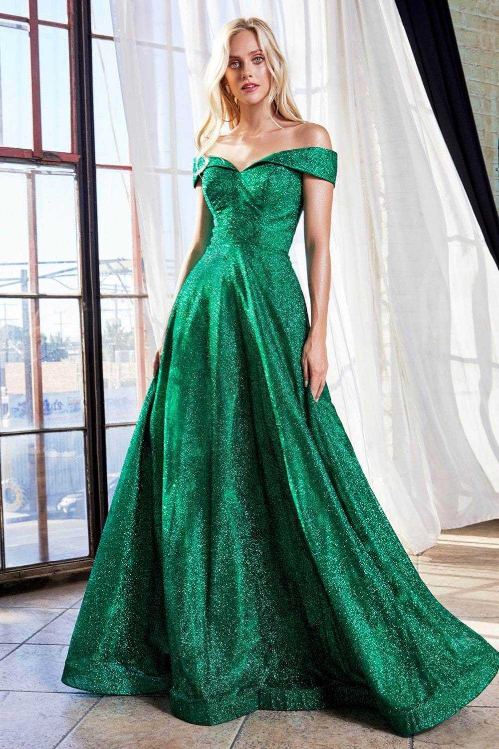 Cinderella Divine, Cinderella Divine - Off-Shoulder Sparkly Glitter Evening Gown CB050SC - 1 pc Emerald In Size 6 Available