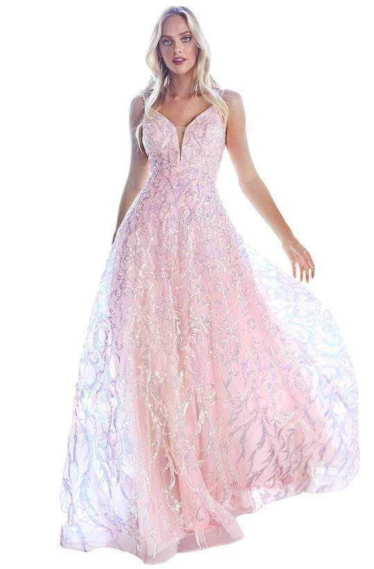 Cinderella Divine, Cinderella Divine - Sheer Plunged Neck Sequin Scroll Print Gown CB055 - 1 pc Blue In Size 6 Available