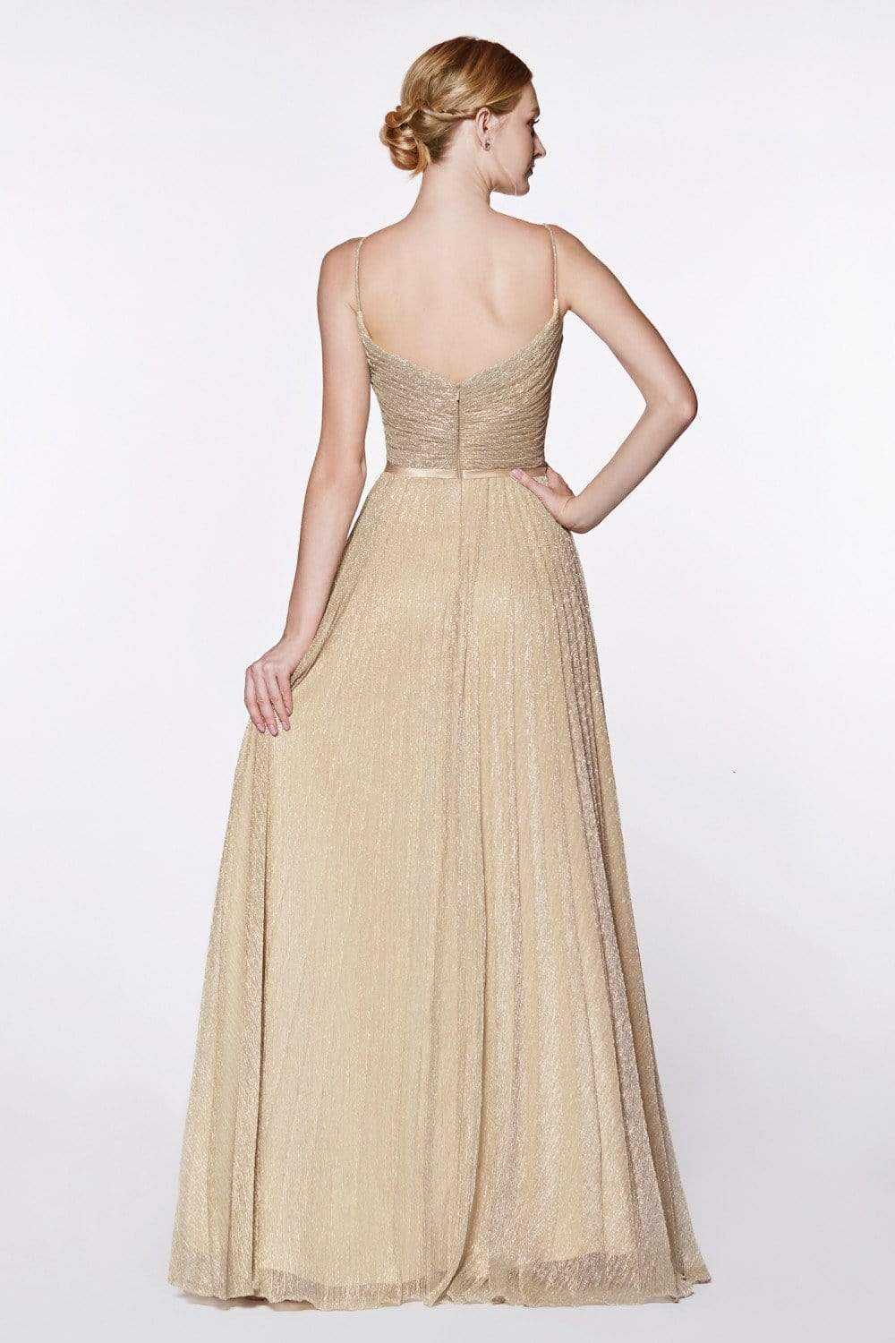 Cinderella Divine, Cinderella Divine - Shirred V Neck Metallic Knit A-Line Gown CJ269 - 1 pc Gold in Size 10 Available