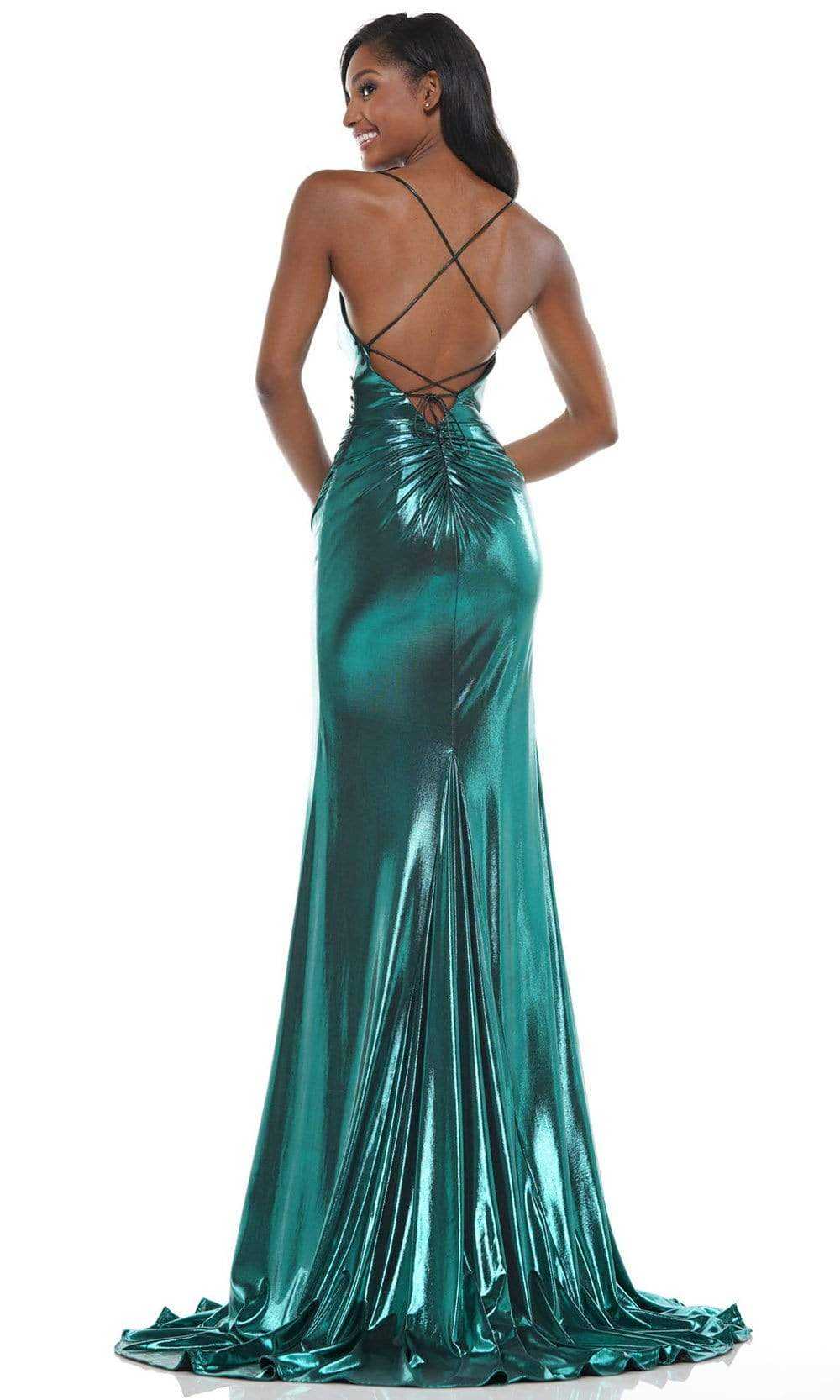 Colors Dress, Colors Dress - 2635 V-Neck Metallic Jersey Gown