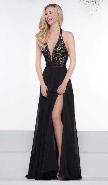 Colors Dress, Colors Dress - Floral Beaded Plunging Halter Chiffon Gown 2051
