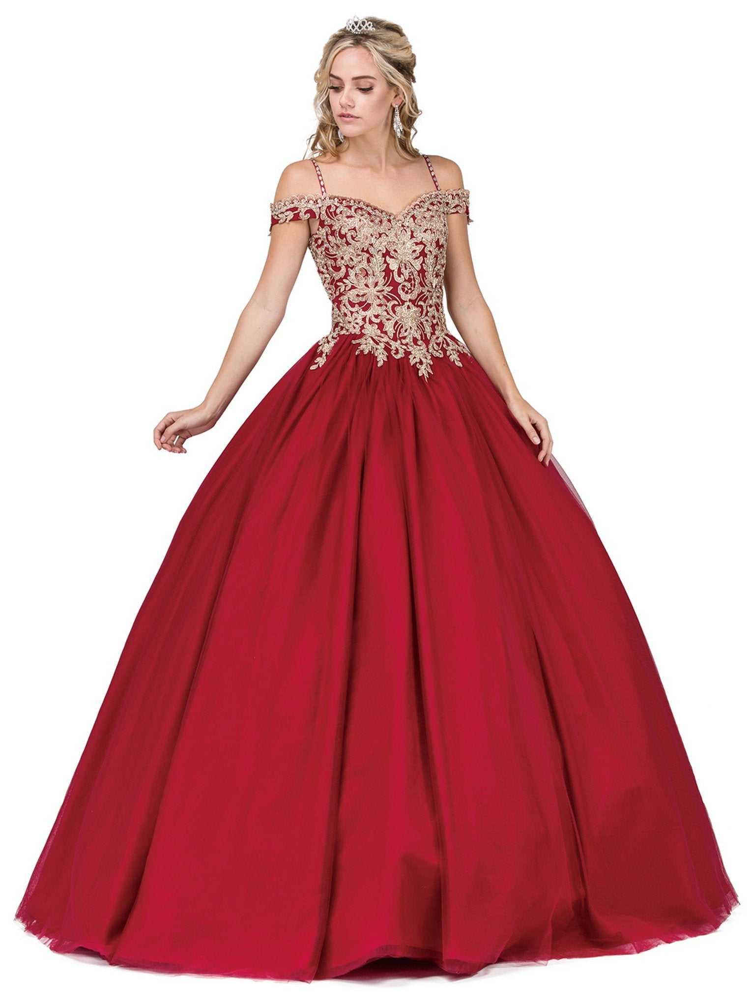 Dancing Queen, Dancing Queen - Appliqued Off-Shoulder Evening Gown 1291 - 1 pc Burgundy In Size M Available