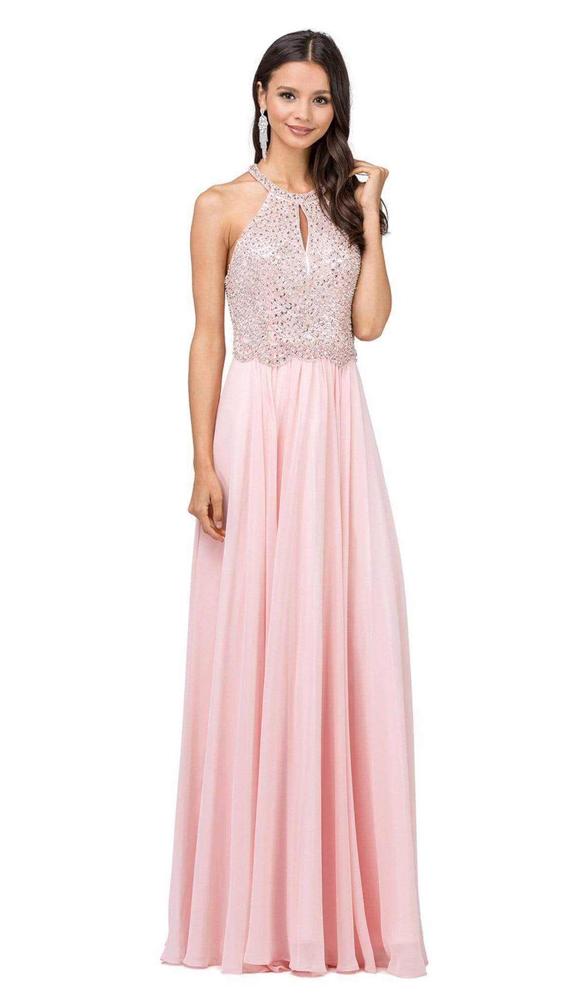 Dancing Queen, Dancing Queen - Bead Embellished Halter Evening Dress 2402 - 1 pc Blush In Size M Available