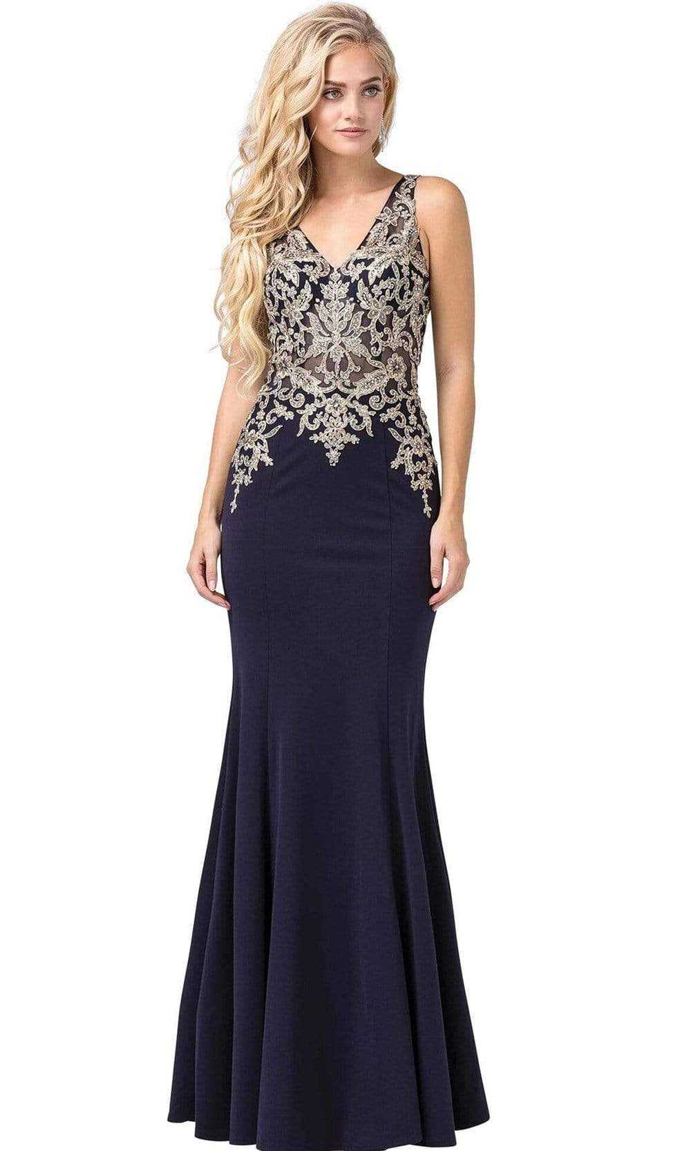 Dancing Queen, Dancing Queen - Embellished V-Neck Fitted Long Gown 2496 - 1 pc Navy In Size S Available