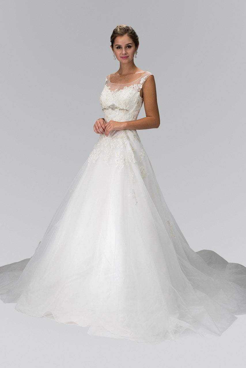 Elizabeth K Bridal, Elizabeth K Bridal - GL1355 Cap Sleeve Floral Appliqued Tulle Wedding Dress