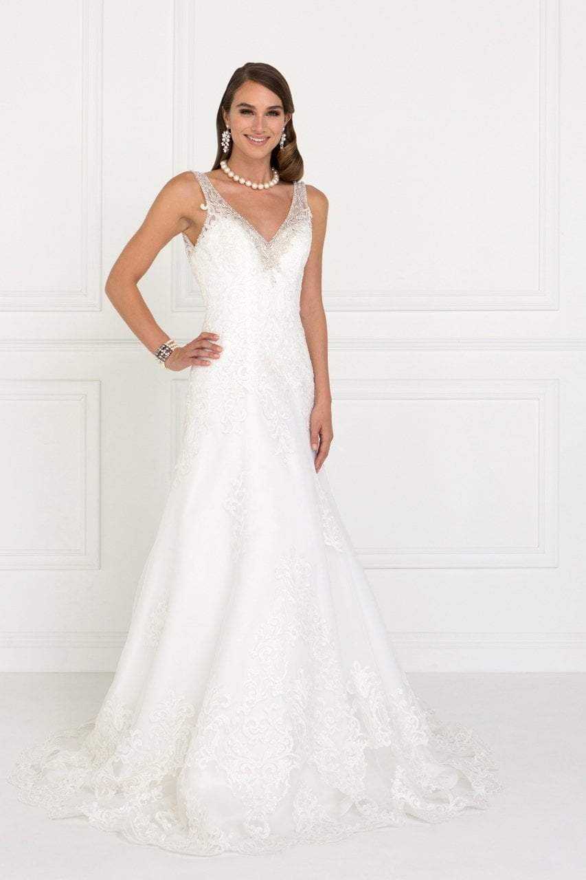 Elizabeth K Bridal, Elizabeth K Bridal - GL2376 Jeweled V-neck Mesh A-line Wedding Gown