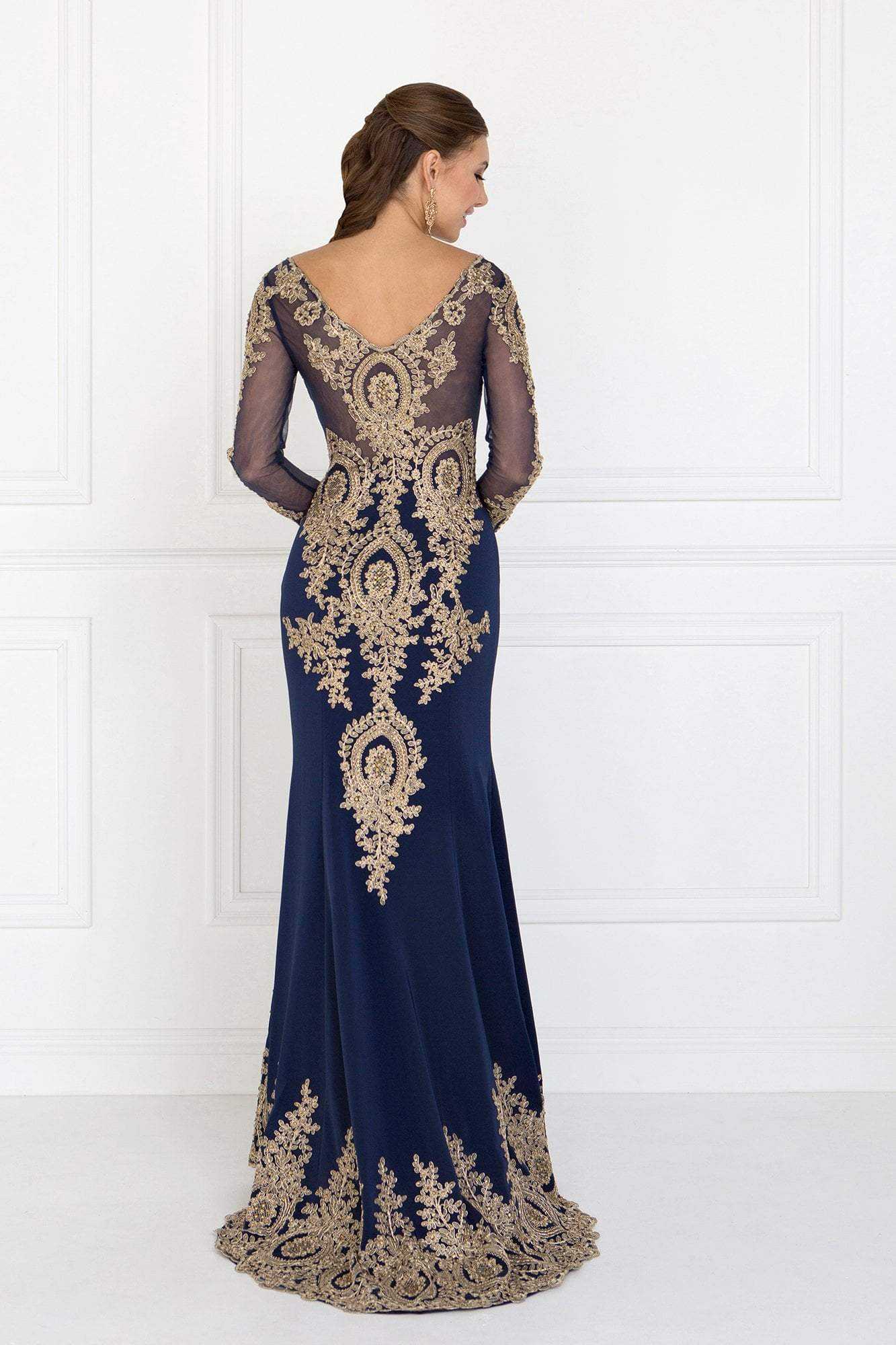 Elizabeth K, Elizabeth K - GL1597 Illusion Long Sleeve Gilded Lace Sheath Gown
