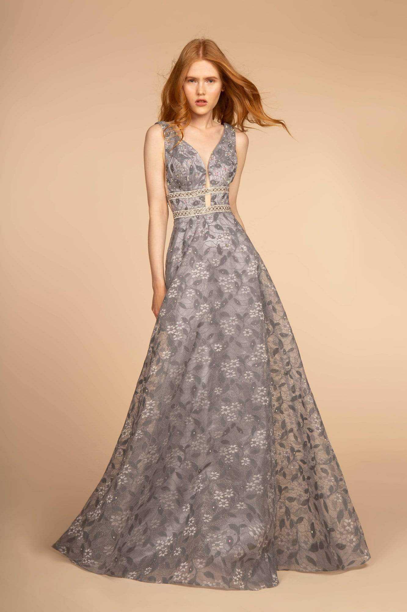 Elizabeth K, Elizabeth K - GL2580 Jewel-Studded Plunging V-Neck Long Gown