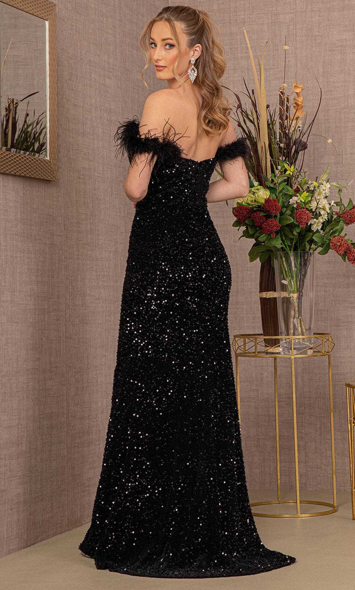 Elizabeth K, Elizabeth K GL3149 - Feather Ornate Sequin Prom Dress