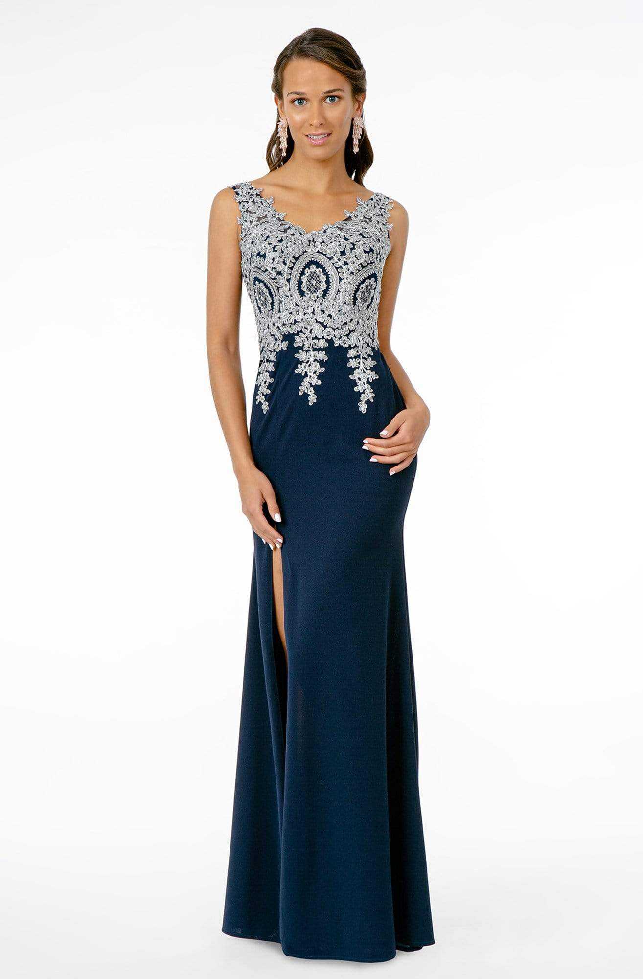 Elizabeth K, Elizabeth K - Metallic Lace Appliqued Bodice Dress GL1839 - 1 pc Navy/Silver In Size L Available